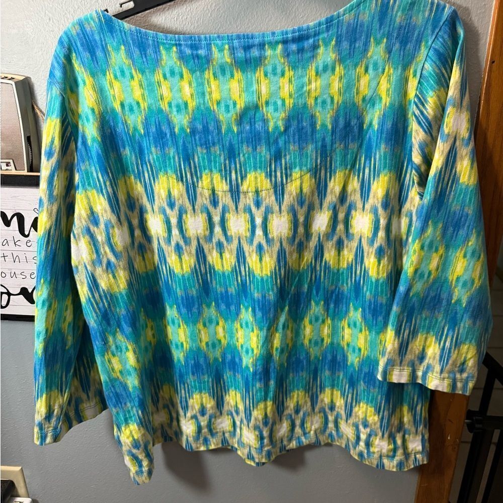 Ruby Red Favorites Multi Color Blue Green 3/4 Sleeve Cotton/ spandex Top Sz PXL - Picture 7 of 9